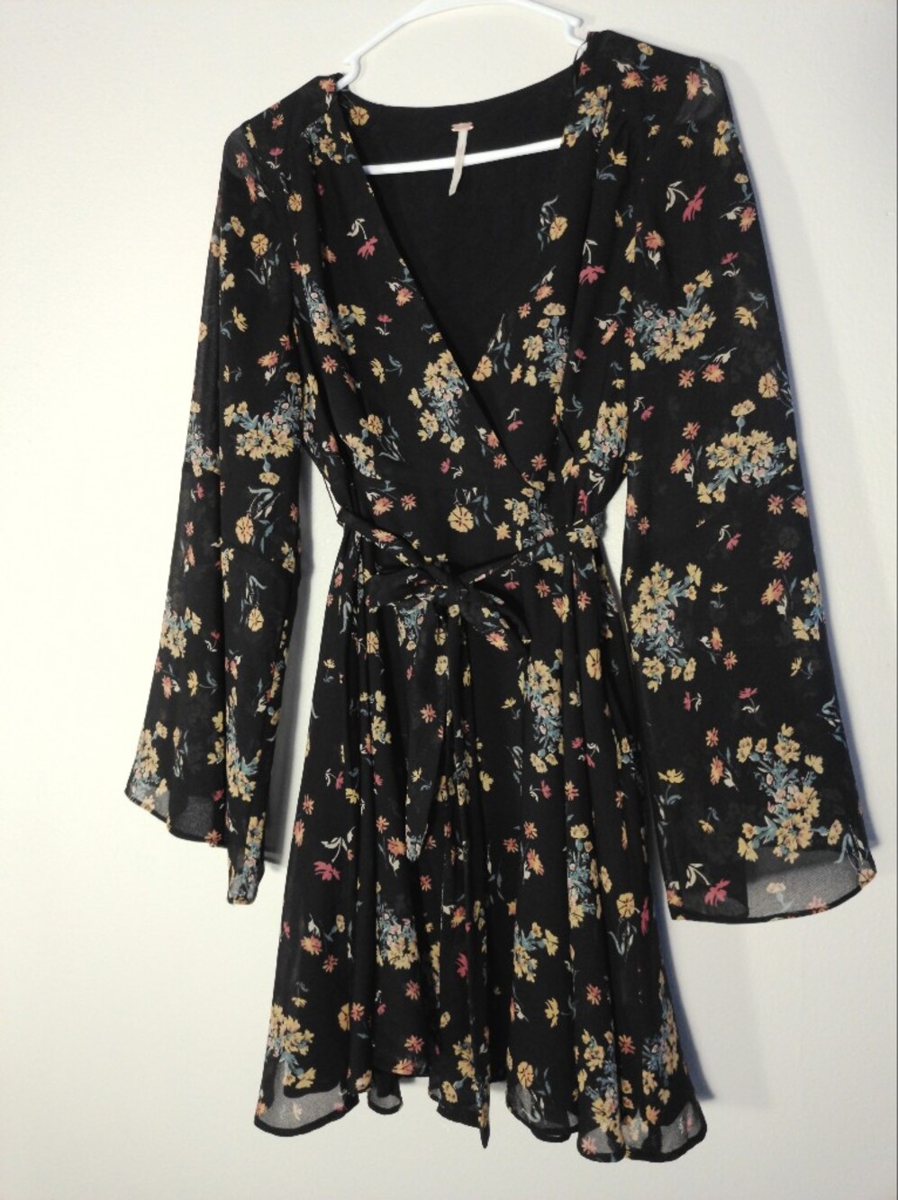 Free People Black Floral Wrap Romper with Tie Waist